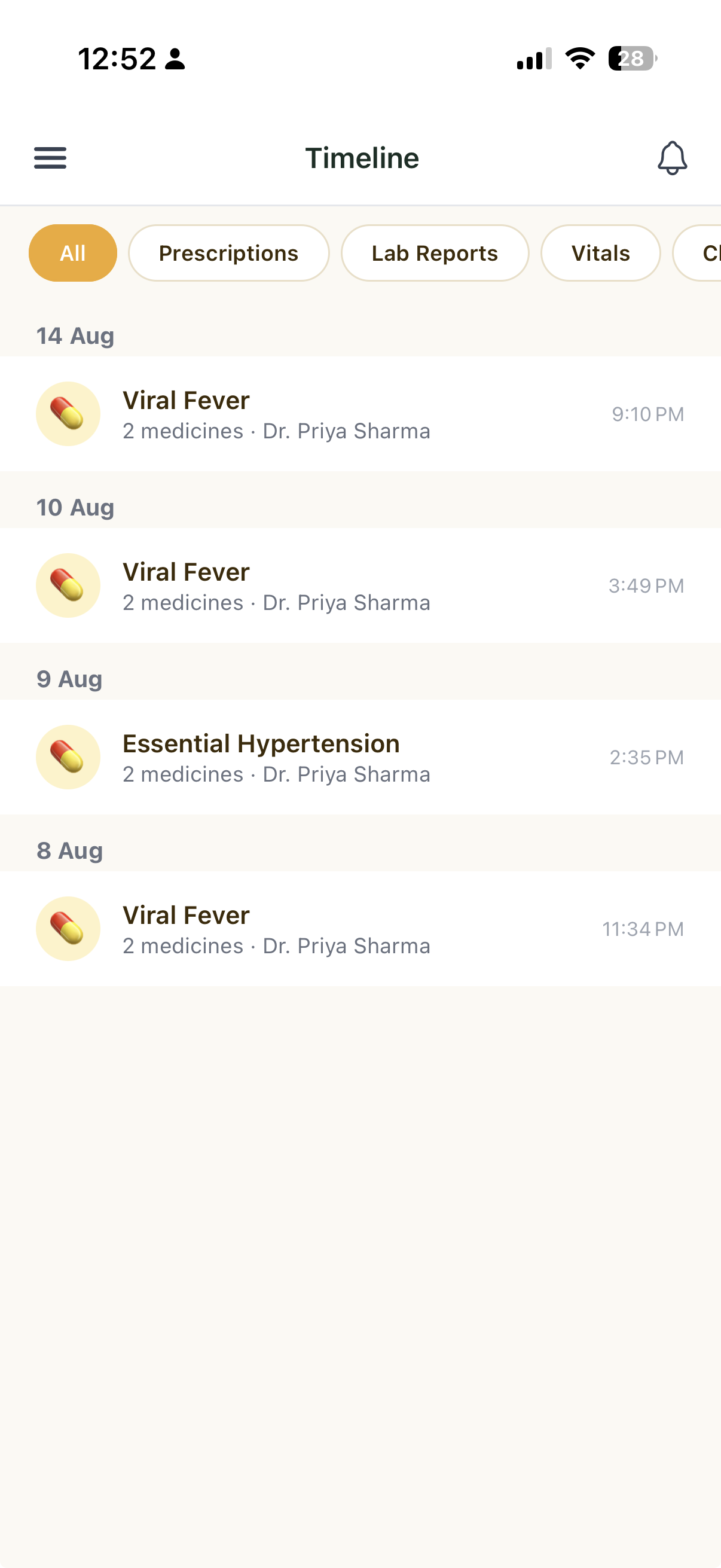 A patient's health-records timeline — dated visits with filter tabs for prescriptions, lab reports and vitals, each entry showing the condition, number of medicines and the treating doctor.
